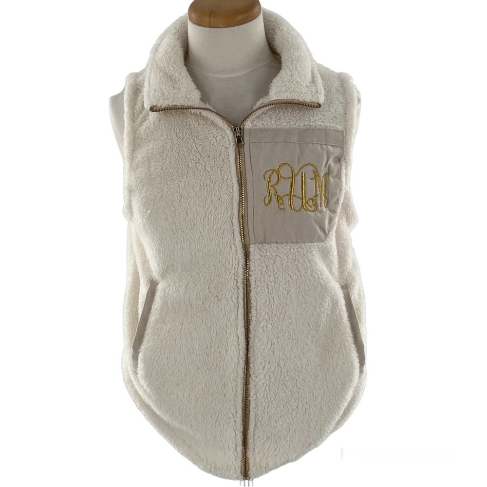 Pink Lily Vest Sleeveless Jacket Shaket Faux Fur Monogrammed Cream Gold …